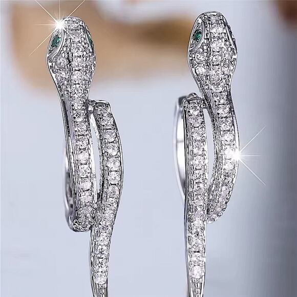 White Green Zircon Stone Snake Hoop Earrings Silver Wedding Jewelry For Women - Picture 4 of 13